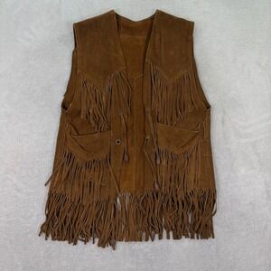Vintage Pioneer Wear Women Medium Brown Suede Leather Fringe Western Vest Tassel